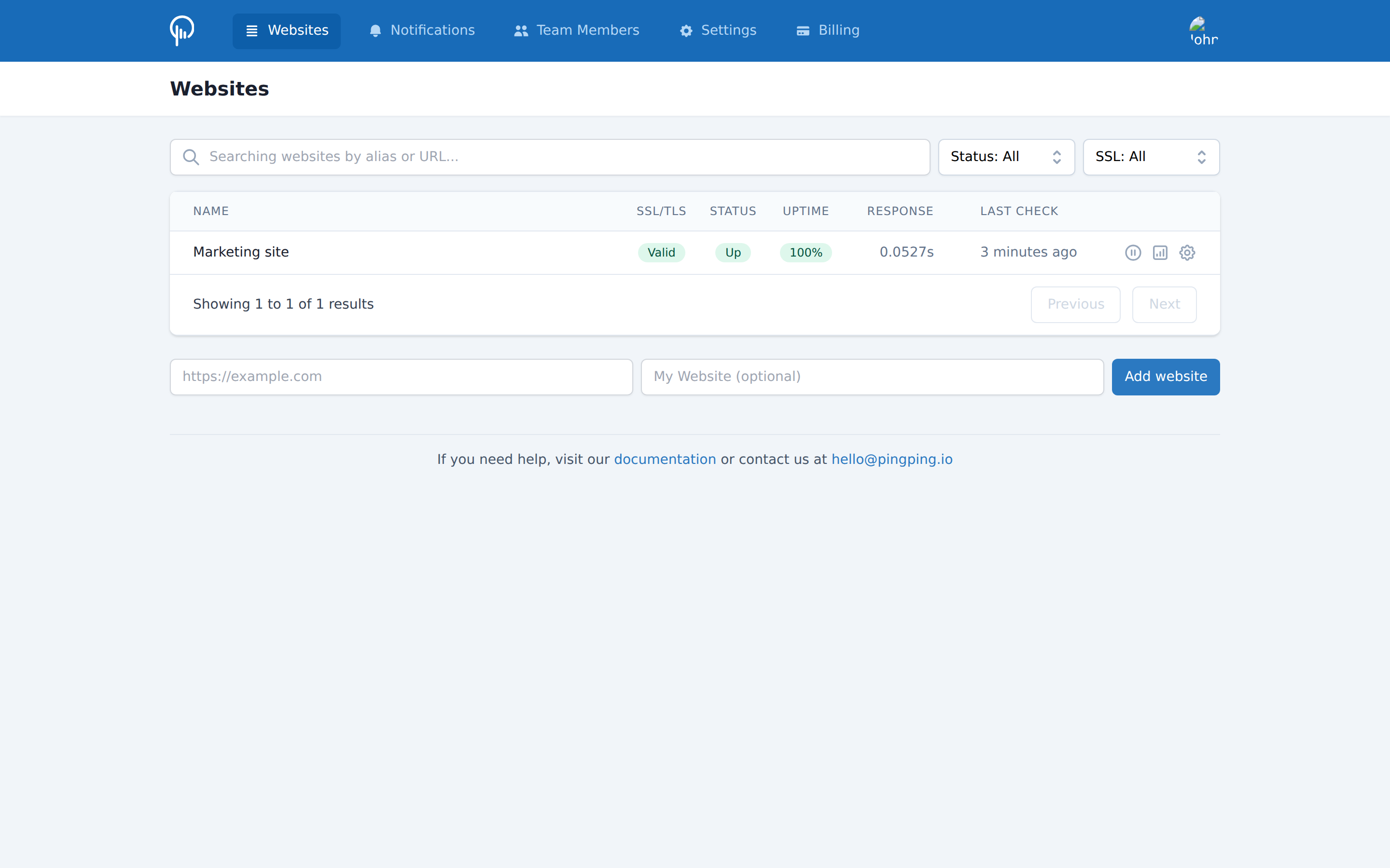 The PingPing dashboard showing a newly added website monitor with green SSL Valid, Up, and 100 percent uptime badges