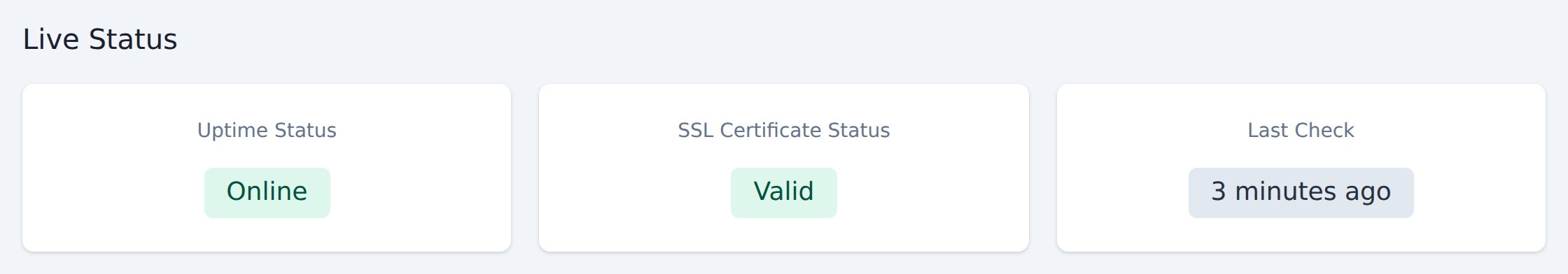 Live Status section of a website status page showing Online uptime, Valid SSL certificate, and the last check timestamp