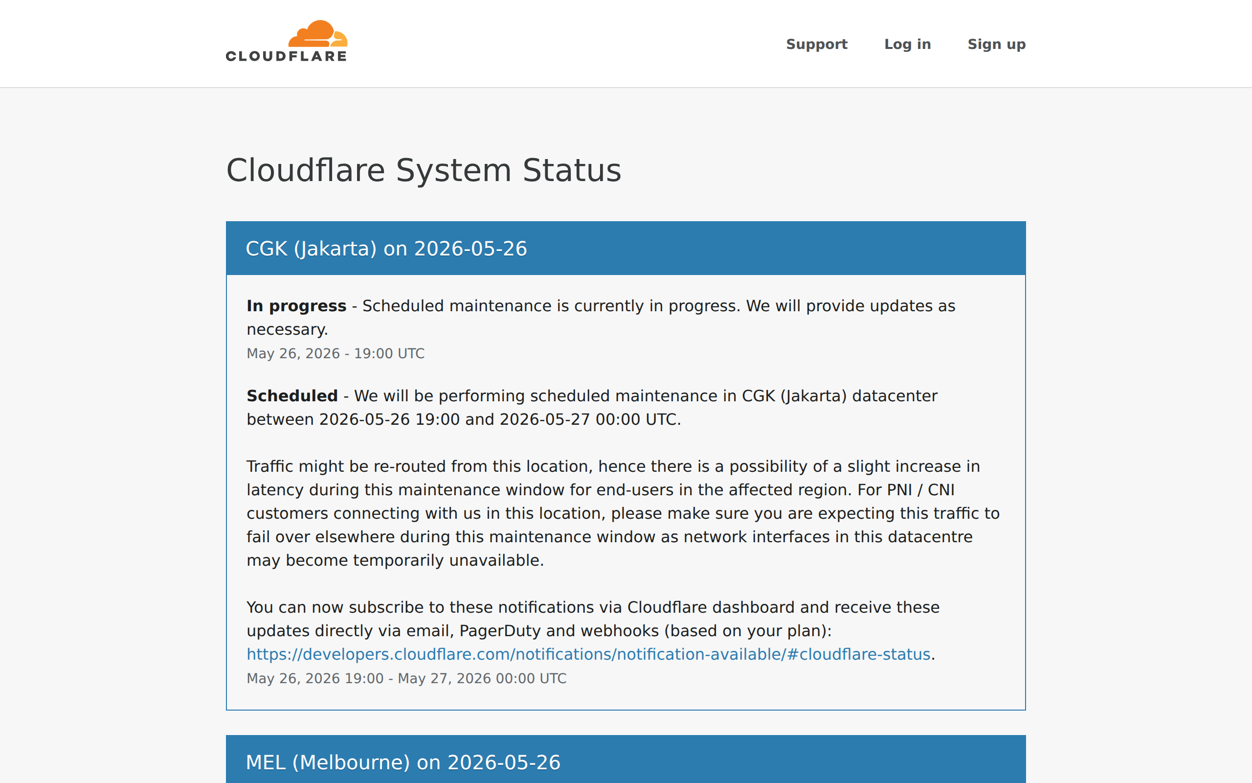 Screenshot of the Cloudflare status page