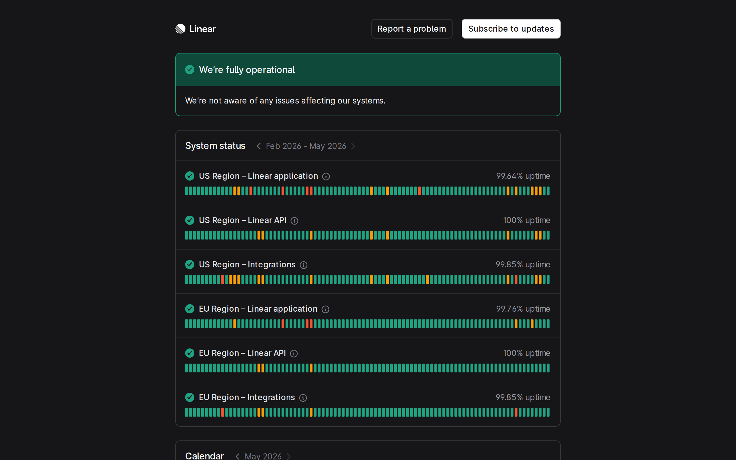 Screenshot of the Linear status page