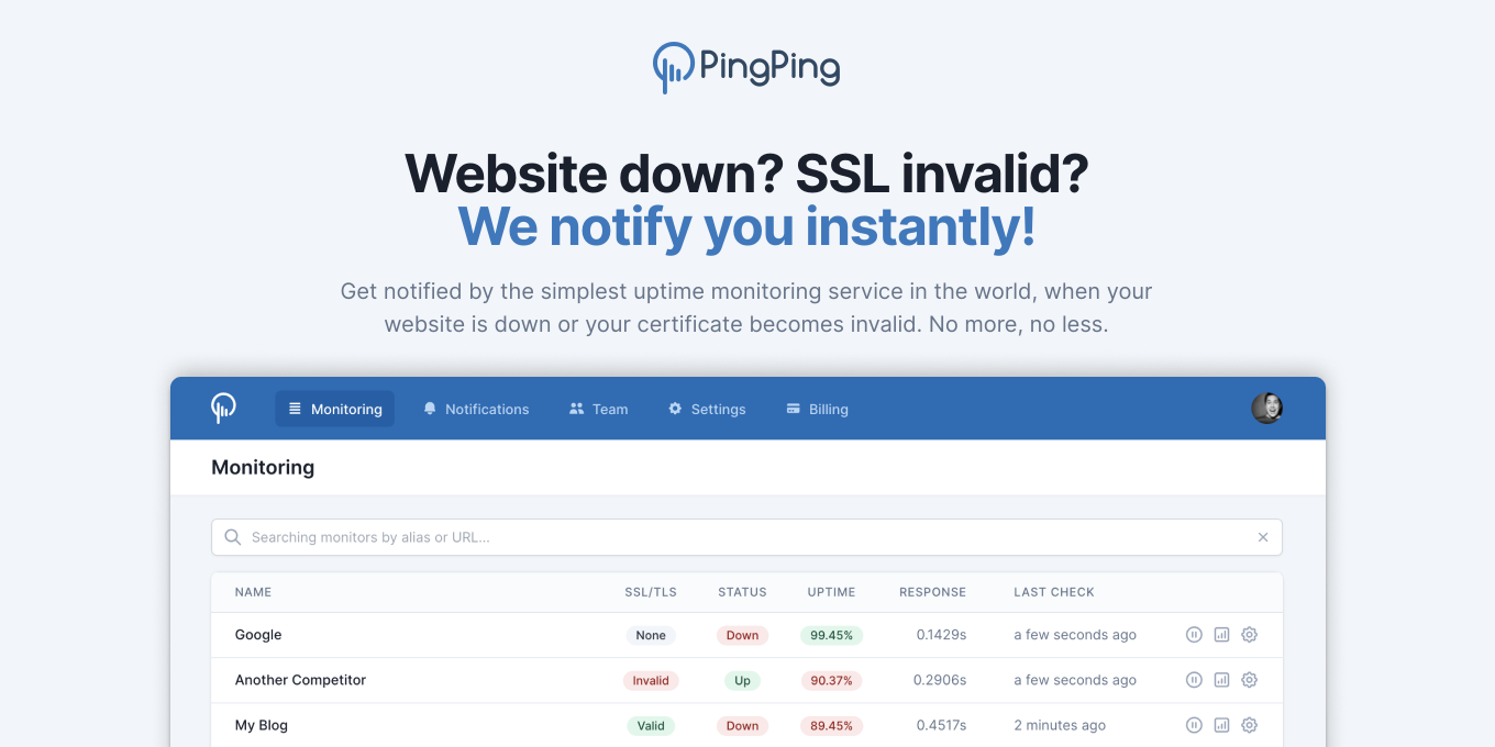Preview image of website "PingPing: Website Uptime &amp; SSL Monitoring in 30 Seconds"
