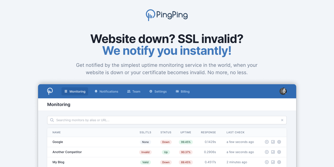 Preview image of website "A simple uptime and SSL monitoring | PingPing | PingPing"